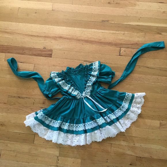Vintage Kandy Ann Full Circle Dress 2T Teal Green White Lace Ruffle Party - Picture 7 of 7
